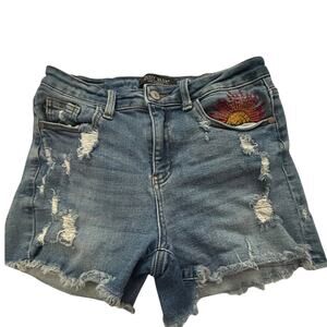 Judy Blue M High Rise Distressed Denim Shorts Sun Embroidered